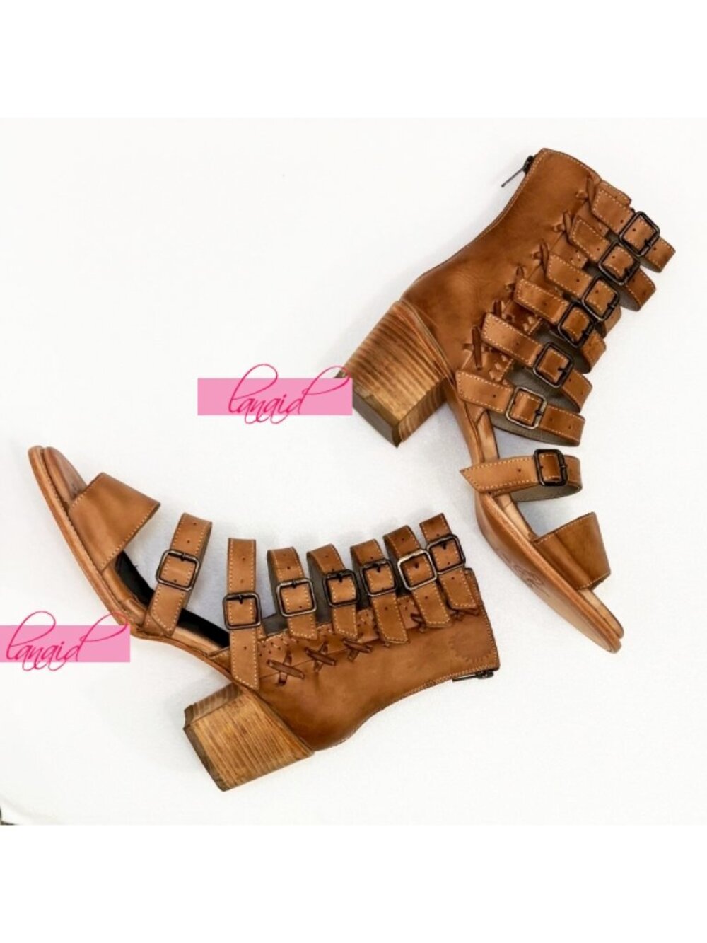 NEW Freebird Country Natural Leather Buckles Edgy Cut-Outs Cutouts Low Sandals - Picture 8 of 11